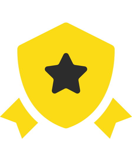 Yellow shield-shaped badge with a black star in the center and two ribbon tails on the sides.